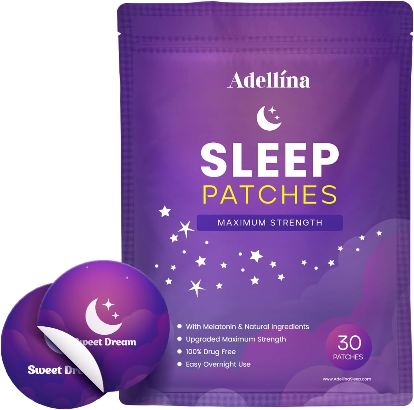 Adellina Sleep Patches for Adults Extra Strength: Easy-to-Apply Sleep Patch with Melatonin & Valerian 30 Patches (Purple)