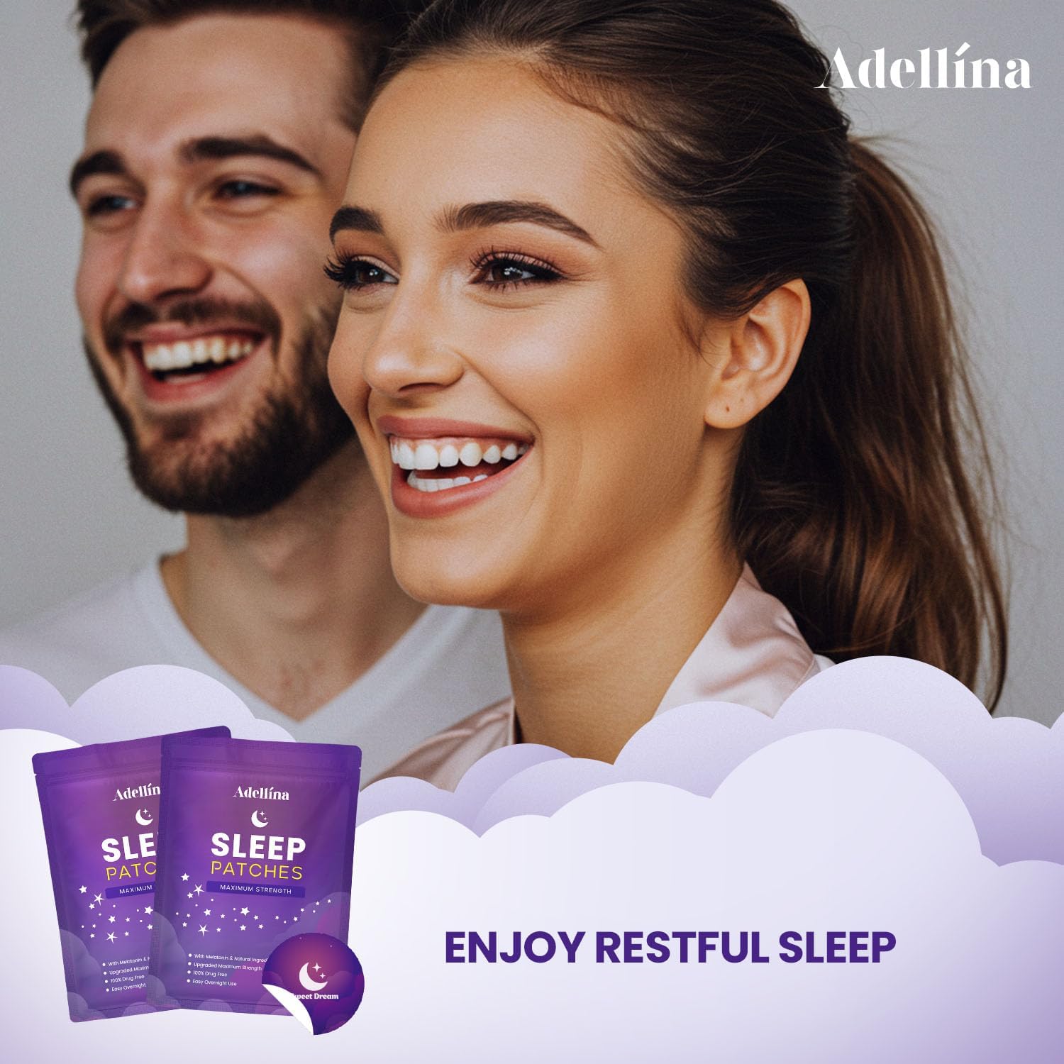 Adellina Sleep Patches for Adults Extra Strength: Easy-to-Apply Sleep Patch with Melatonin & Valerian 30 Patches (Purple)