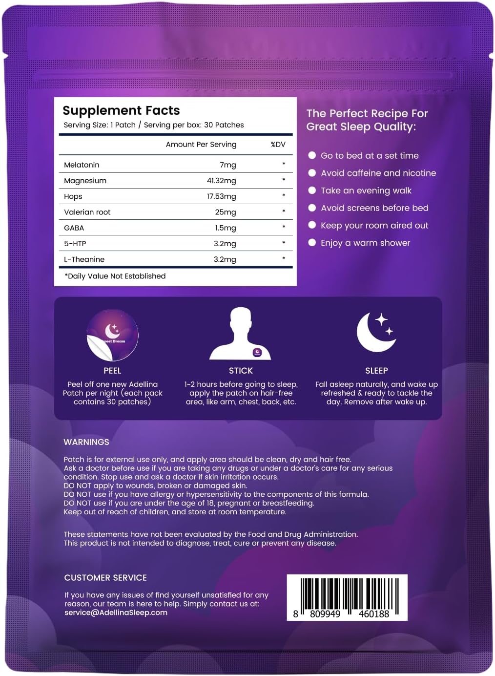 Adellina Sleep Patches for Adults Extra Strength: Easy-to-Apply Sleep Patch with Melatonin & Valerian 30 Patches (Purple)