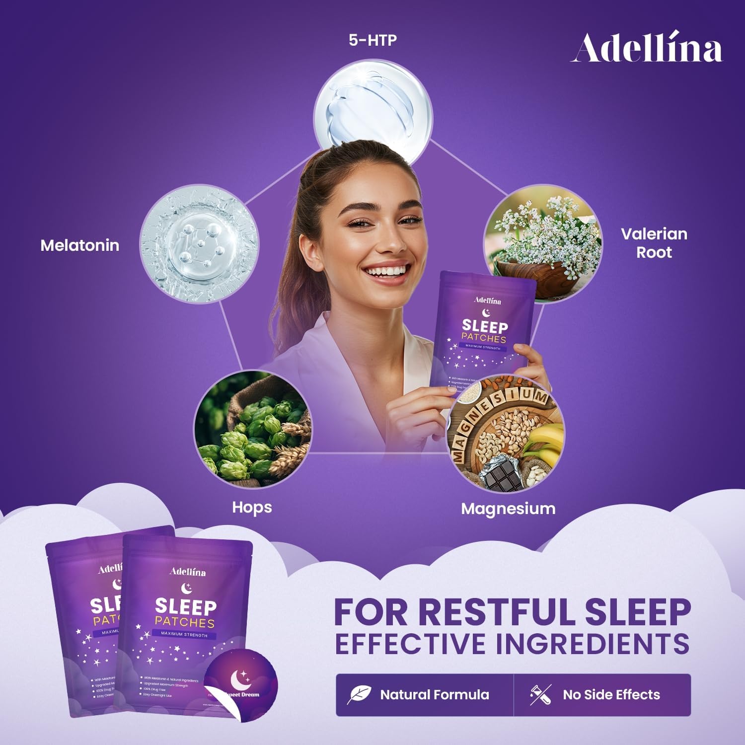Adellina Sleep Patches for Adults Extra Strength: Easy-to-Apply Sleep Patch with Melatonin & Valerian 30 Patches (Purple)