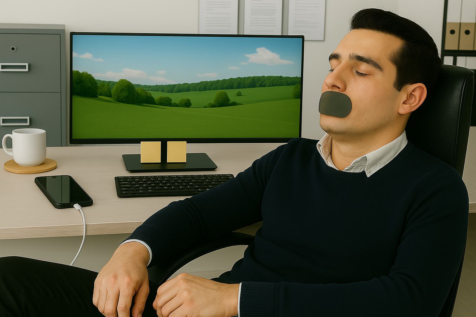 Person using Adellina mouth tape basic black type while napping in office.