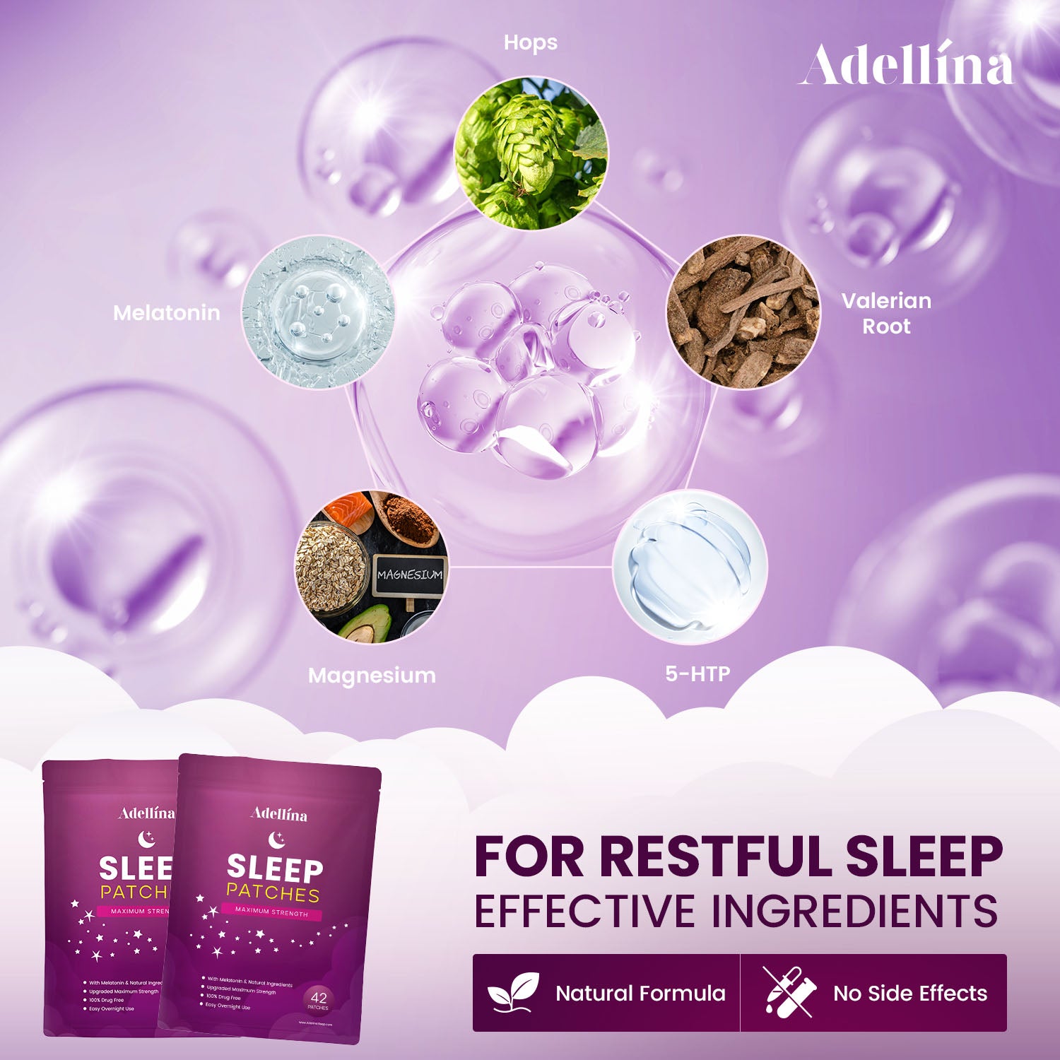 Adellina Sleep Patches for Adults 42 Count – Easy-to-Apply Plant-Based Patches with Melatonin & Valerian for Men and Women