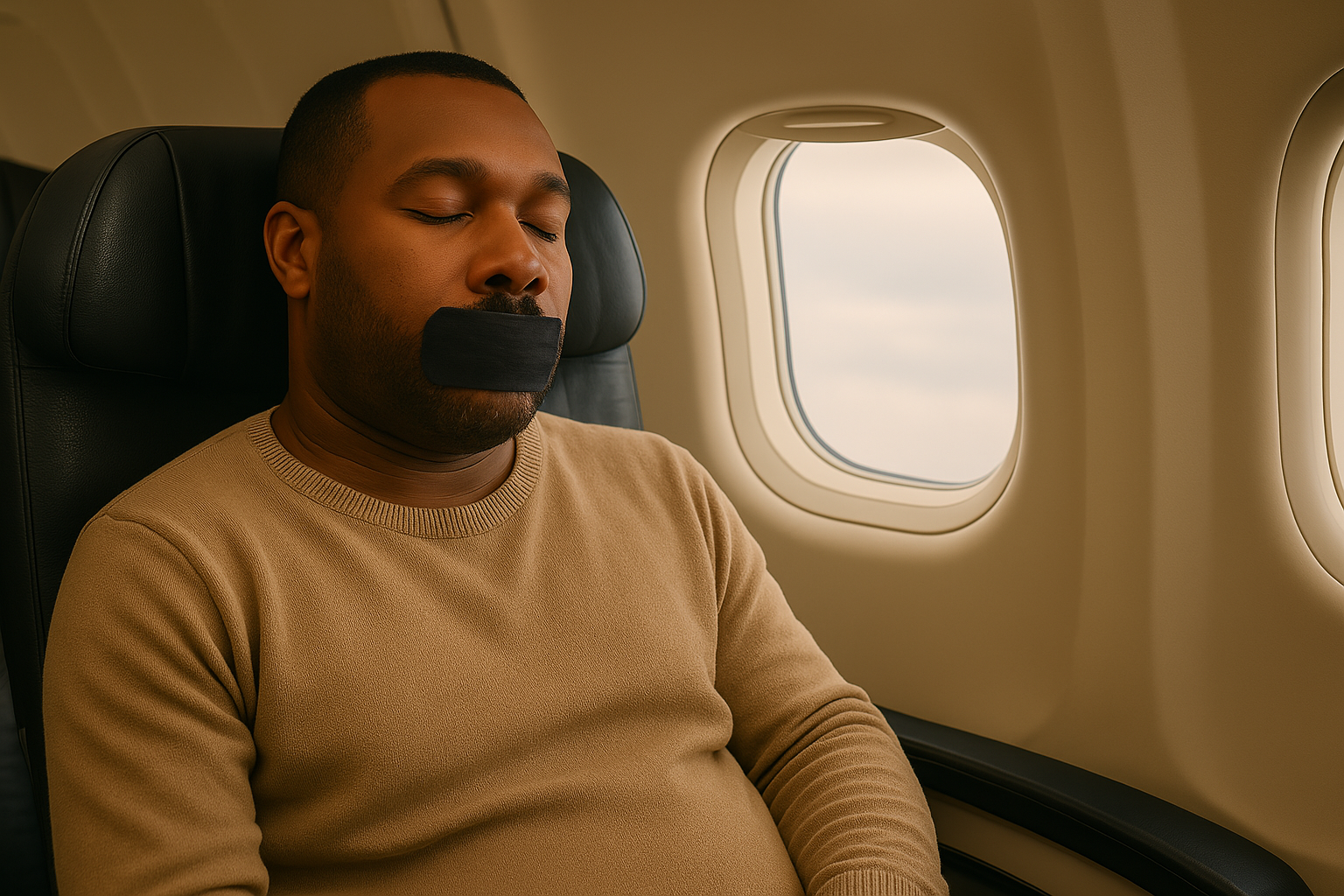 Comfortable airplane sleep with mouth tape for better breathing