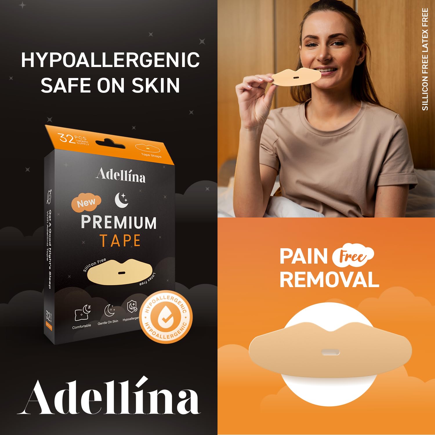 Woman using Adellina lip-shaped mouth tape for sleep improvement and emotional resilience