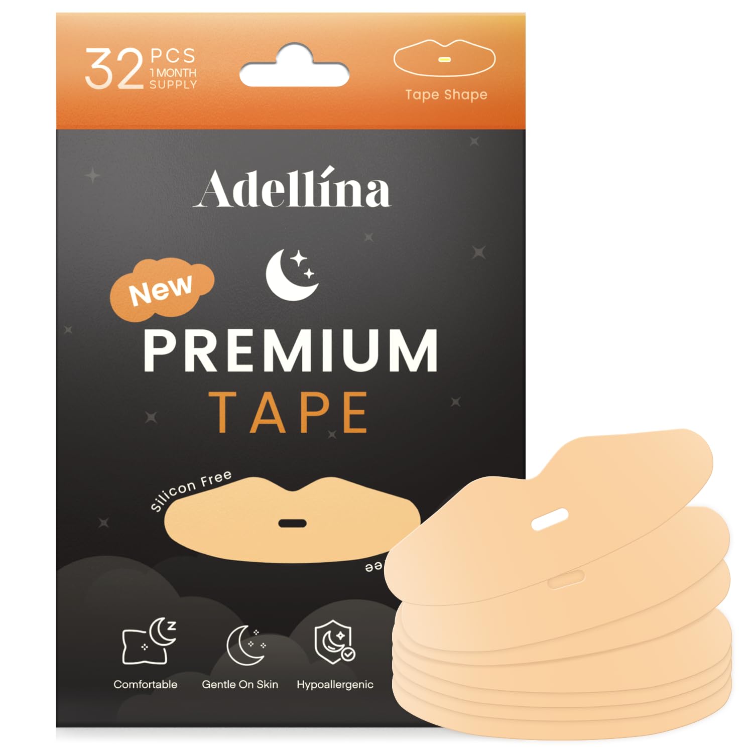 Adellina Premium Mouth Tape packaging with lip-shaped micropore sleep tapes – 2025 edition