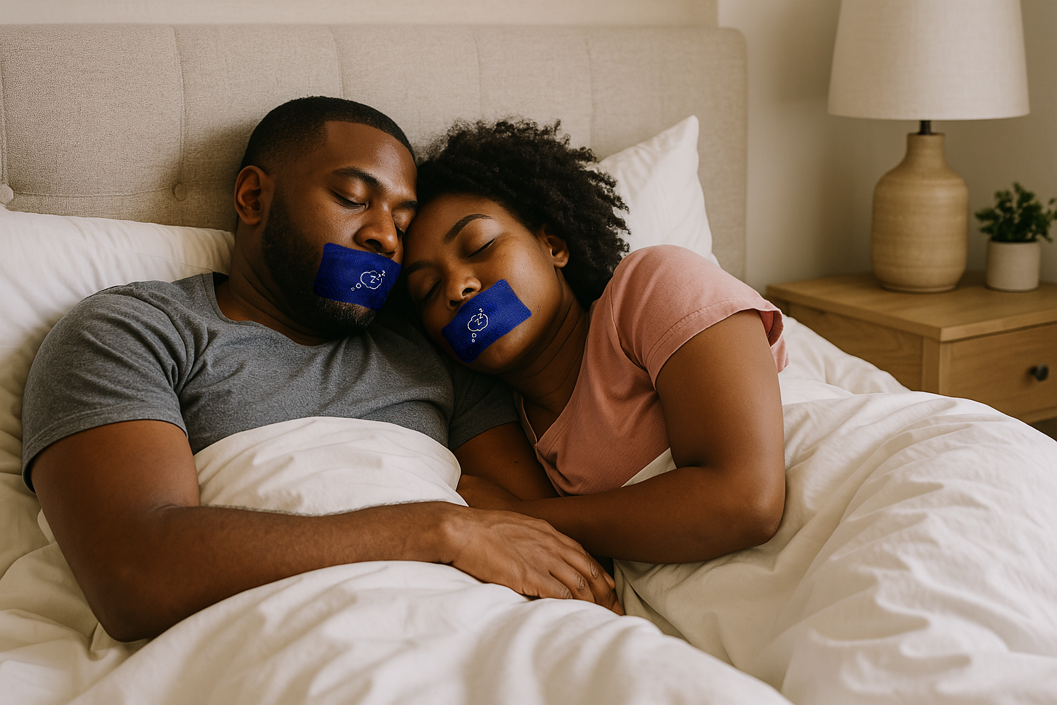 Couple sleeping with Adellina Dream Mouth Sleep Tape for quality rest and nose breathing cozy bedroom