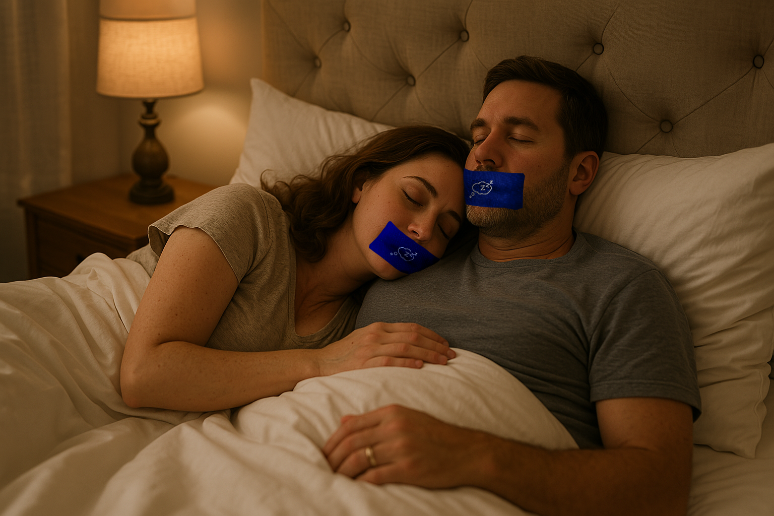 Couple sleeping with Adellina Dream Mouth Sleep Tape for quality rest and nose breathing