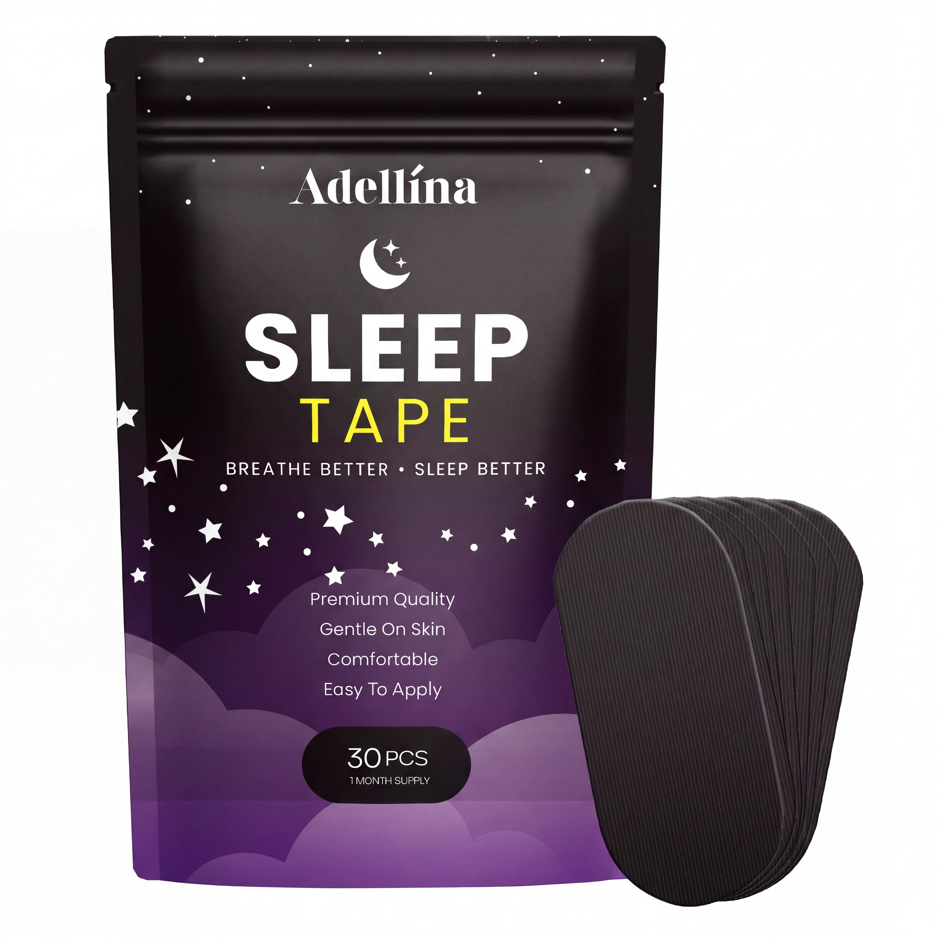 Adellina Sleep Tape package with black micropore mouth tape strips