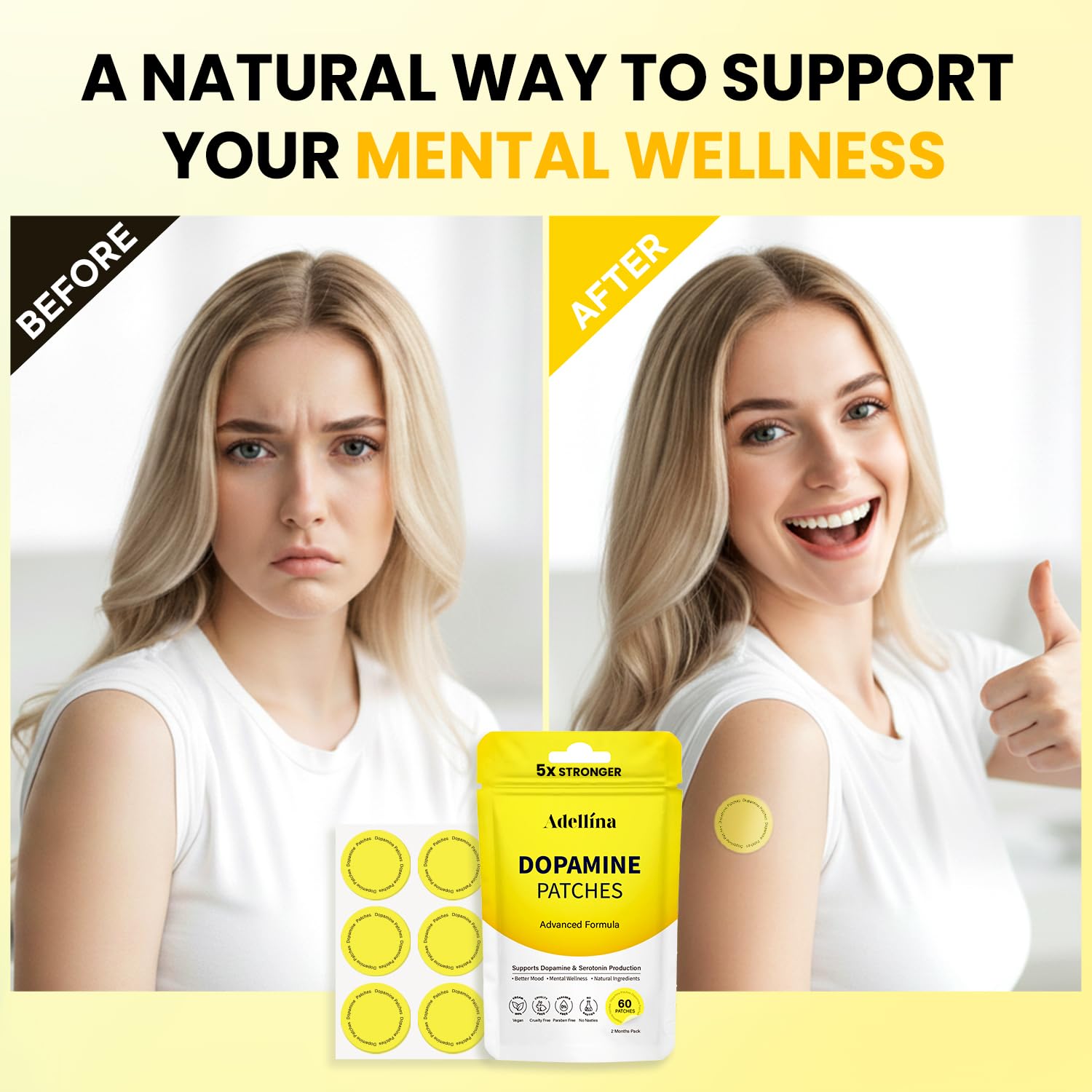 Dopamine Patches Extra Strength 60 Count: Mood Boost Patches for Daily Mental Wellness - Supports Dopamine & Serotonin Balance for Men Women, 2Months Pack