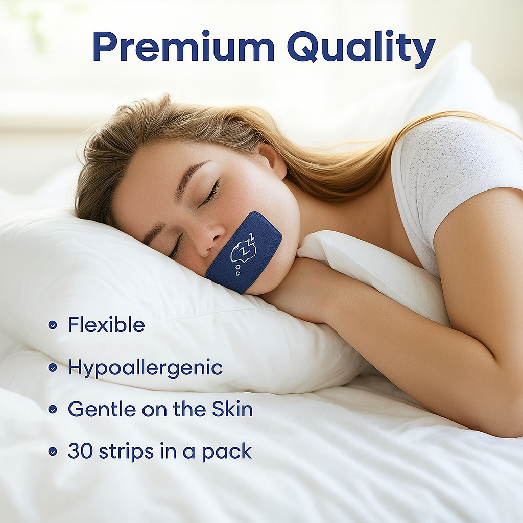 Woman using Adellina Dream Mouth Sleep Tape for deep sleep and quiet breathing