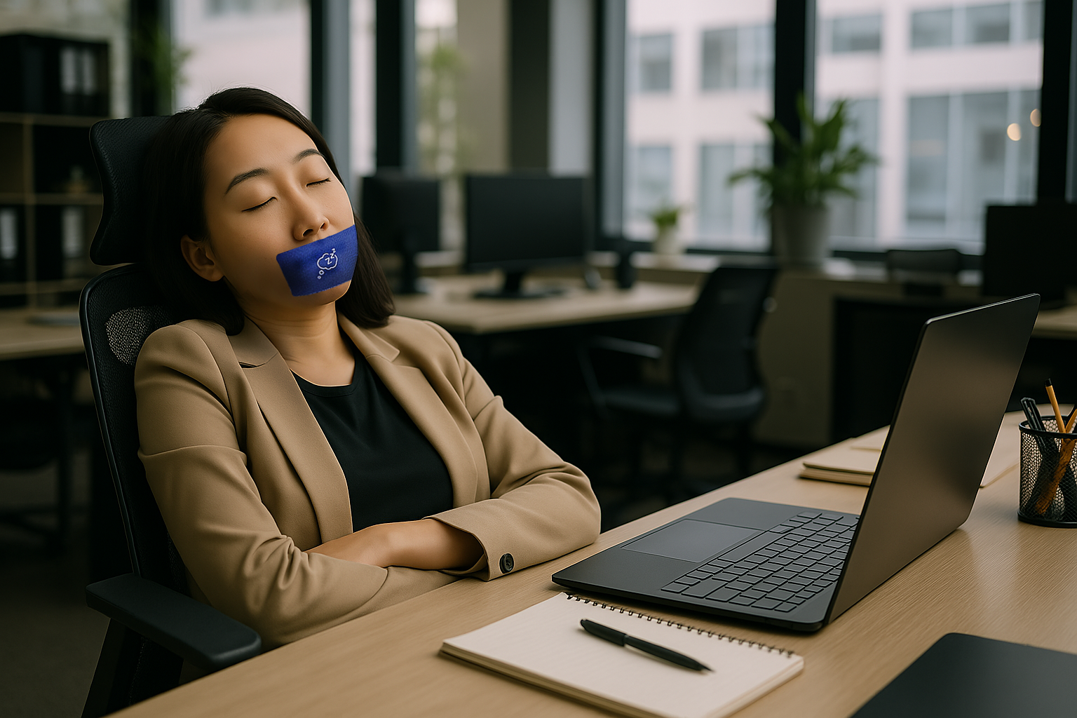 Daytime office power nap with Adellina Dream Mouth Sleep Tape – breathable micropore design
