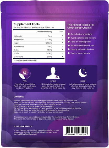 Adellina Sleep Patches for Adults Extra Strength: Easy-to-Apply Sleep Patch with Melatonin &amp; Valerian 30 Patches (Purple)